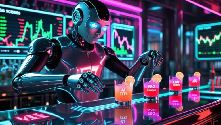 AI-driven robot analyzing ESG scores and AI ETFs in a futuristic finance setting.