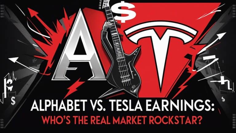 Alphabet vs Tesla earnings debate with guitar and explosive graphics, illustrating stock market rivalry.