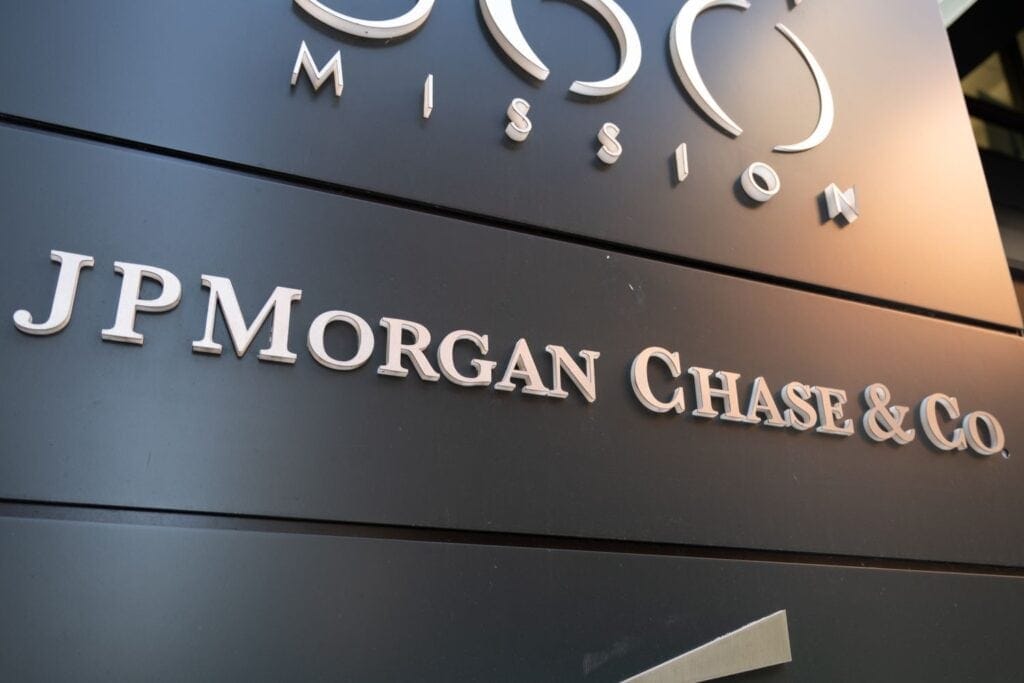 JP Morgan Chase & Co. financial institution business sign close-up.