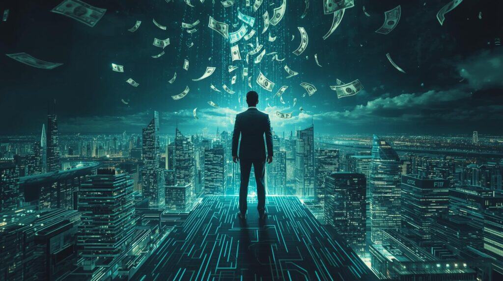 Businessman overlooking a digital cityscape with flying dollar bills, symbolizing crypto market chao.