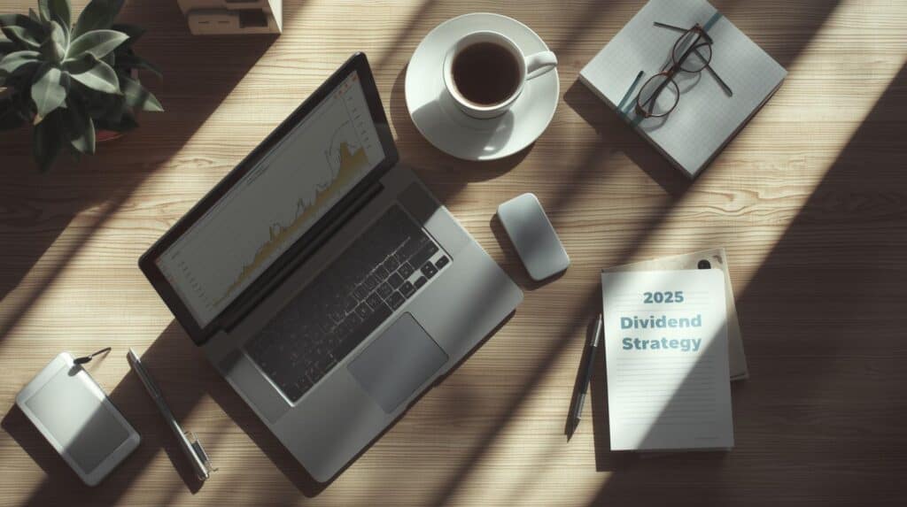Laptop with financial charts, coffee, and notes on dividend investing in 2025.