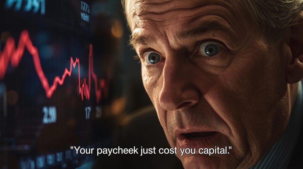 Close-up of an investor staring at a stock chart labeled “7% Yield” while the line falls — humorous, satirical tone. Caption_ “Your paycheck just cost you capital.”