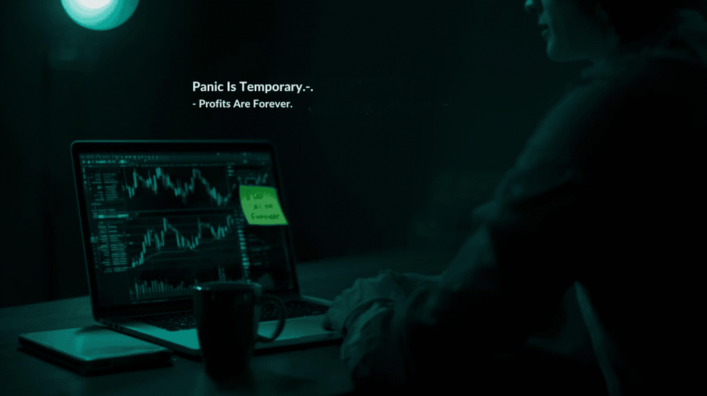 Calm investor working at night with glowing charts, symbolizing patience and confidence during market panic investing.