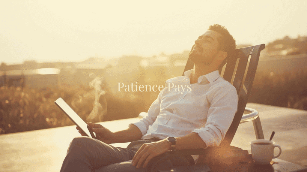 Calm investor enjoying coffee while ignoring stock noise, representing how doing less can make you richer.