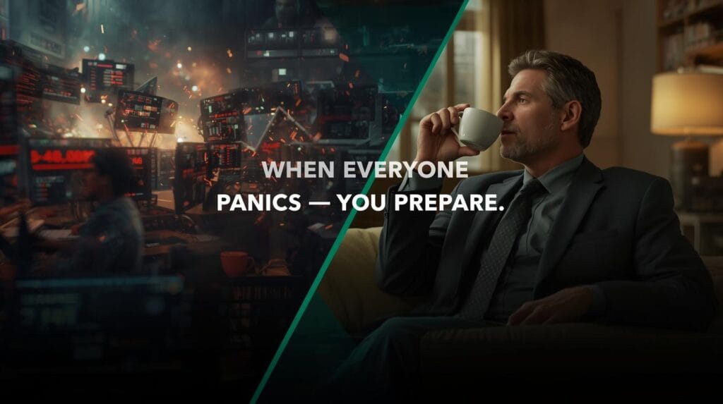 Calm investor contrasts with panic in the stock market, symbolizing emotional discipline in market panic investing.