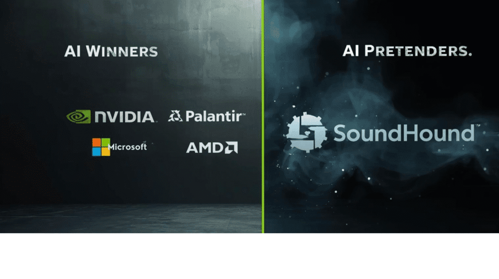 Visual comparison showing real AI stock leaders versus overhyped pretenders, in a witty, modern design for investing humor.