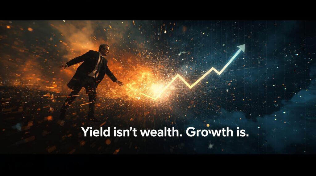 Graph visual of two investors — one chasing yield (downward curve), one focusing on total return (upward curve). Caption: “Yield isn’t wealth. Growth is.”