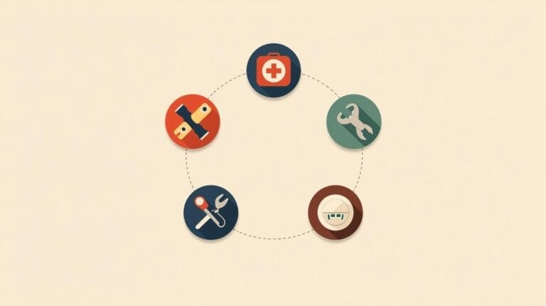 Emergency medical kit icon, repair tools, first aid, and maintenance icons representing essential investment and financial planning tools.