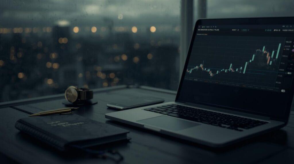 Stock trading analysis on laptop screen with financial charts and market data.