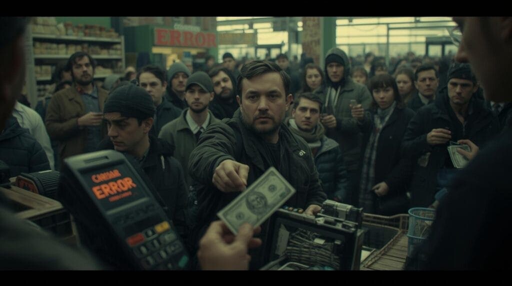 Cash transaction in supermarket, man paying with dollar bills at checkout, crowded store environment with "error" sign in background.