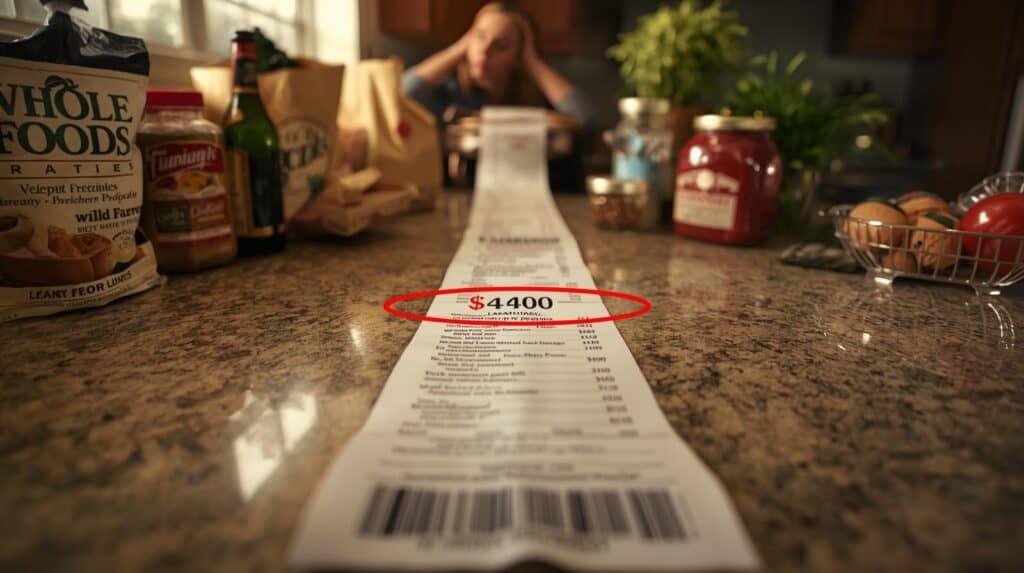 A long restaurant receipt showing a total of $440 on a busy kitchen countertop, with a woman appearing overwhelmed in the background.