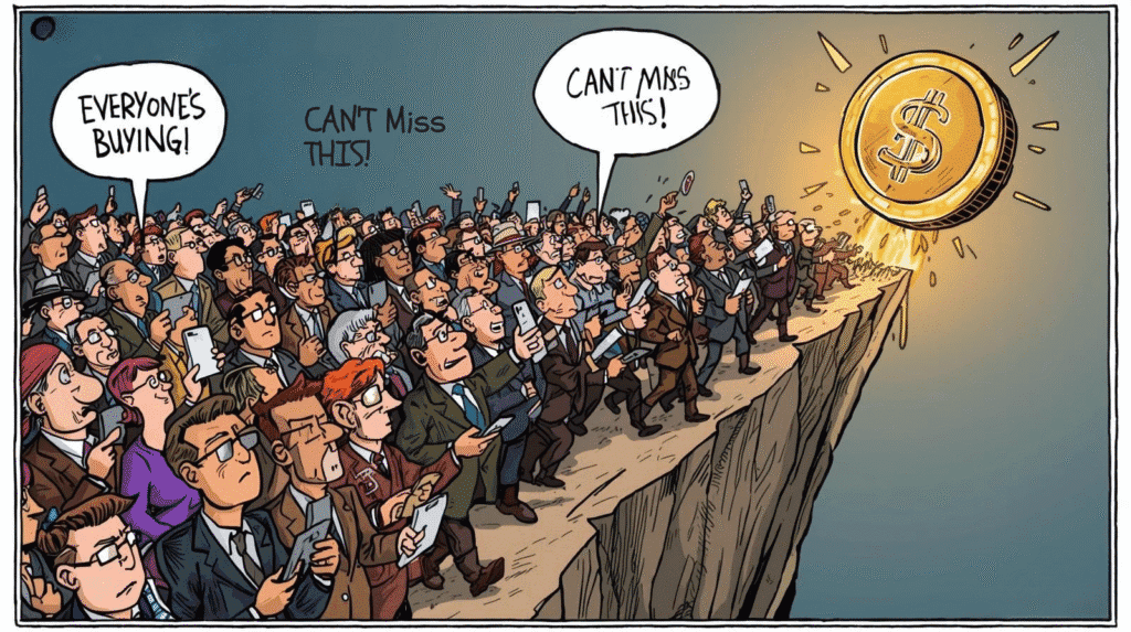 Alt text: Crowd of investors excitedly watching a glowing dollar coin plunging off a cliff, symbolizing market frenzy.