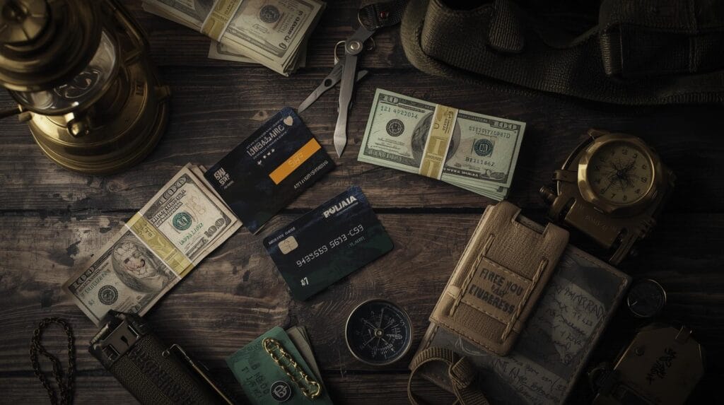 Stacks of US dollar bills, credit cards, and tactical gear on a wooden surface representing financial planning and investment.