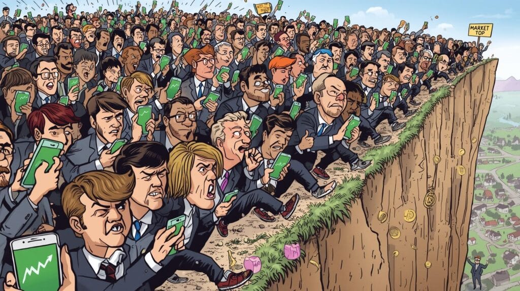 Image of angry investors with smartphones on the verge of a financial crash cliff.