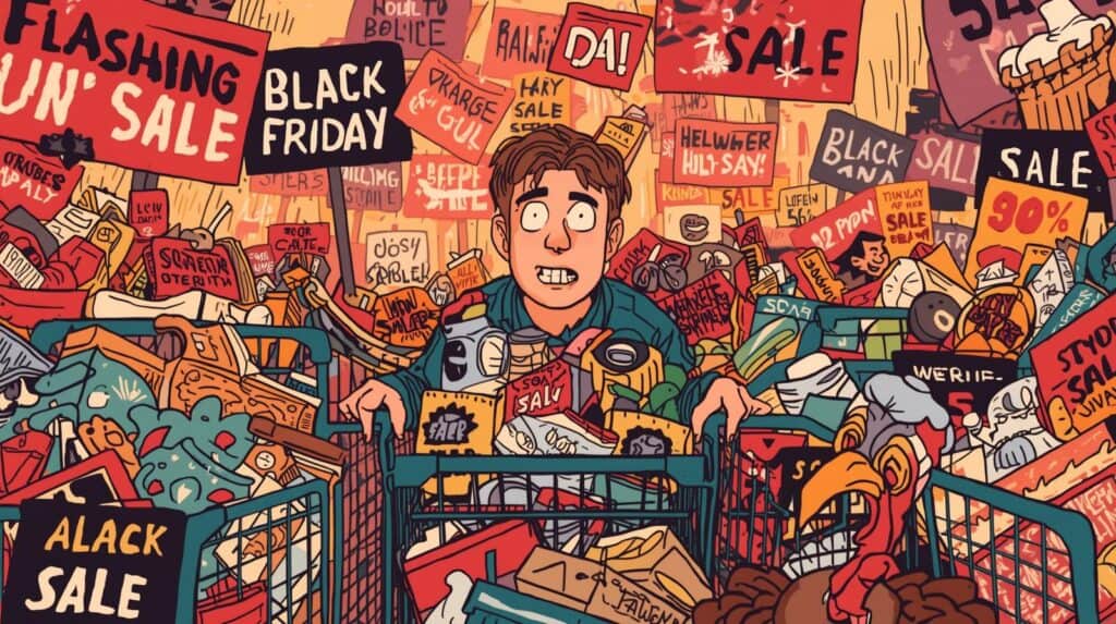 A person overwhelmed by crowded sale signs during Black Friday shopping spree.
