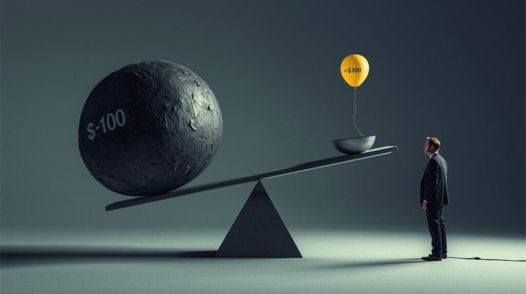 Alt text: Businessman looks at balance scale with $100 globe and balloon showing +$100 profit.