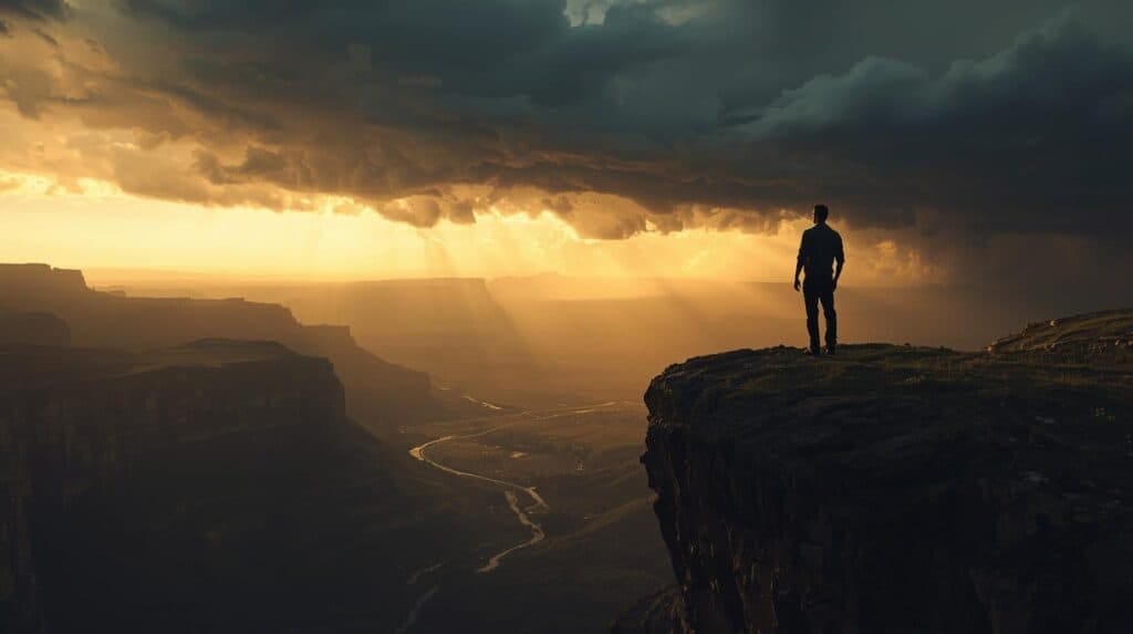 Optimistic person standing on a cliff during dramatic sunset.
