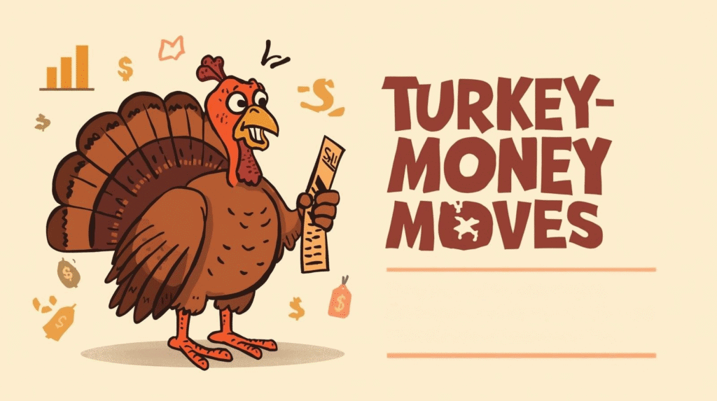 Illustration of a humorous turkey holding money, emphasizing smart financial decisions during holidays.