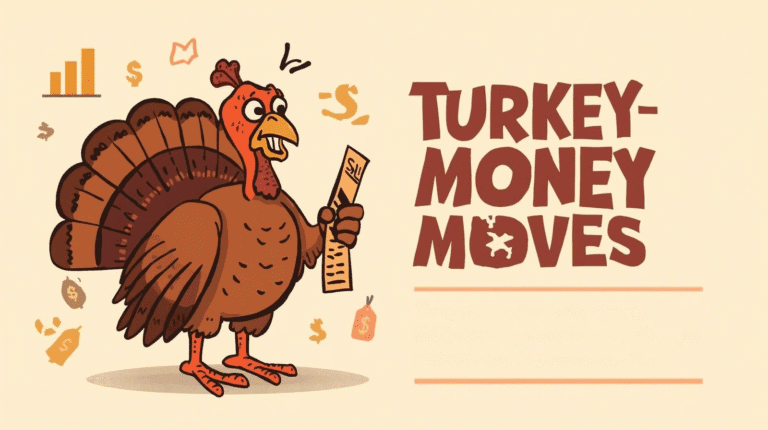 Illustration of a humorous turkey holding money, emphasizing smart financial decisions during holidays.