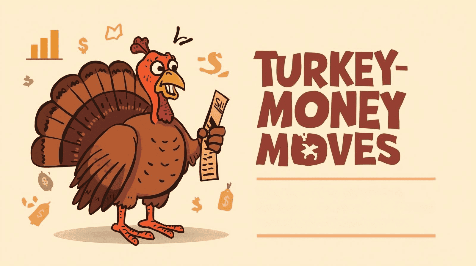 Illustration of a humorous turkey holding money, emphasizing smart financial decisions during holidays.