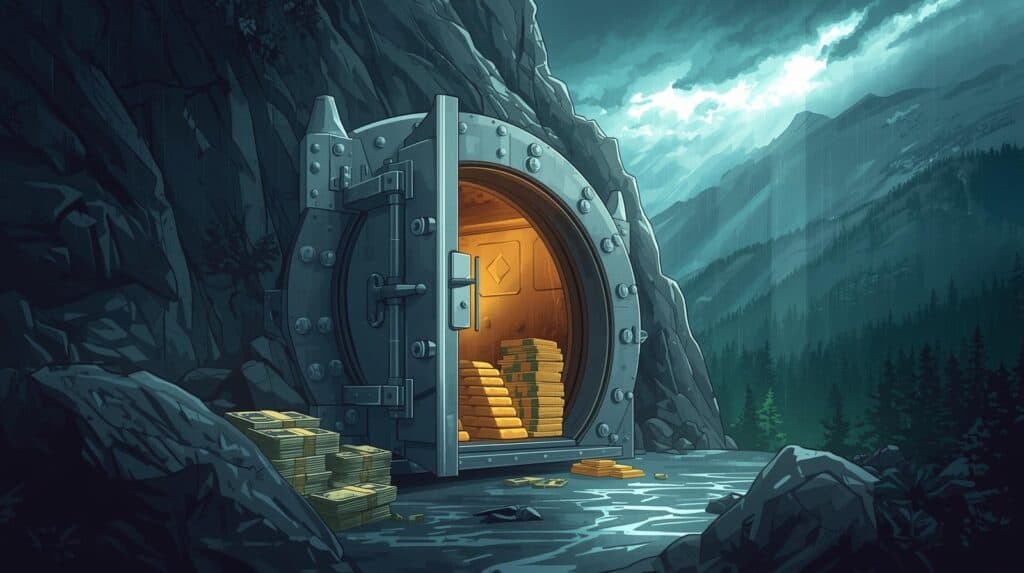 Secure bank vault overflowing with cash in mountain landscape.