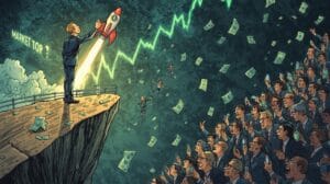 An investor launches a rocket amid stock market success with cheers and dollar bills raining. A vibrant scene of financial growth and investor enthusiasm.
