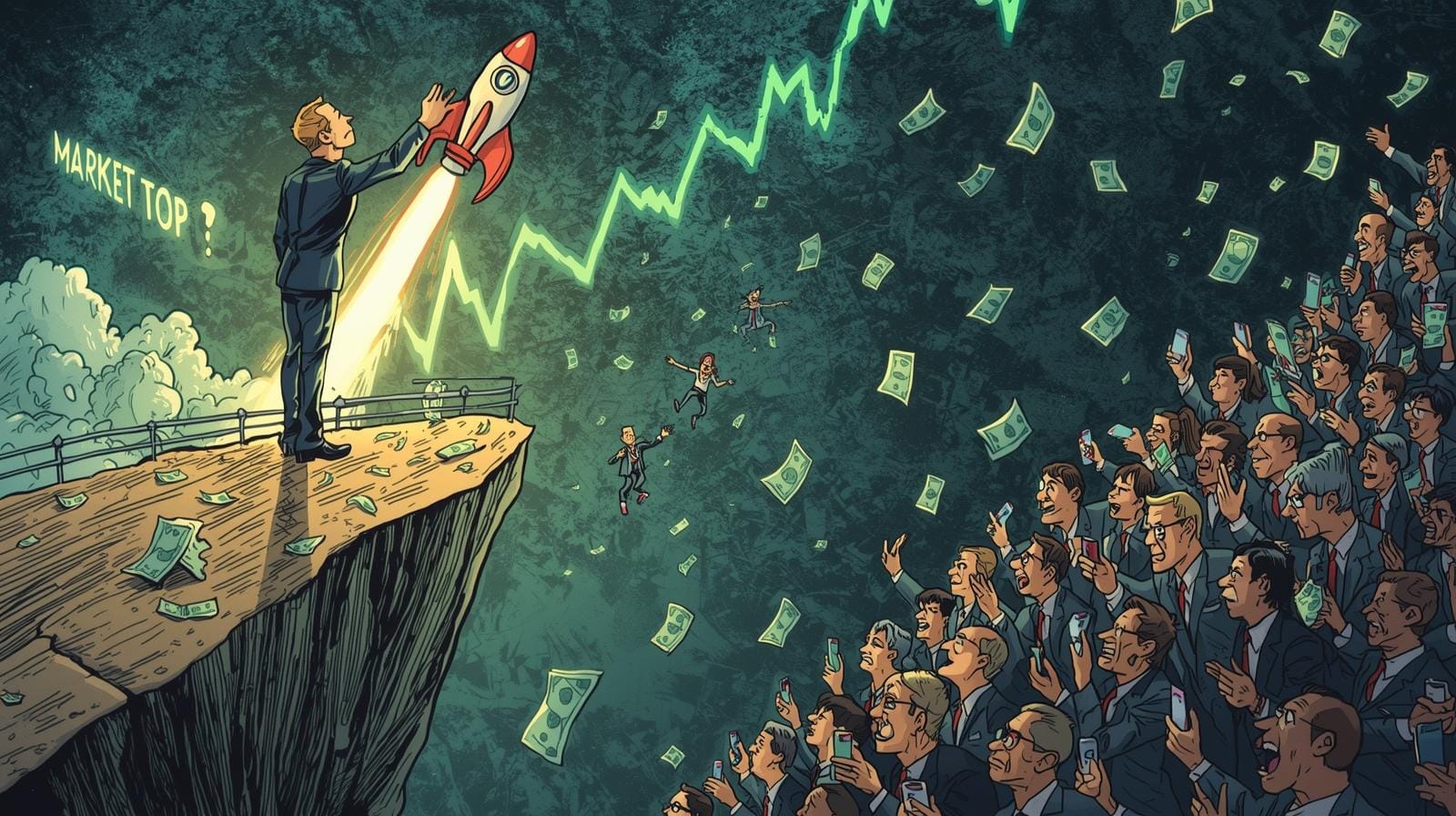 An investor launches a rocket amid stock market success with cheers and dollar bills raining. A vibrant scene of financial growth and investor enthusiasm.