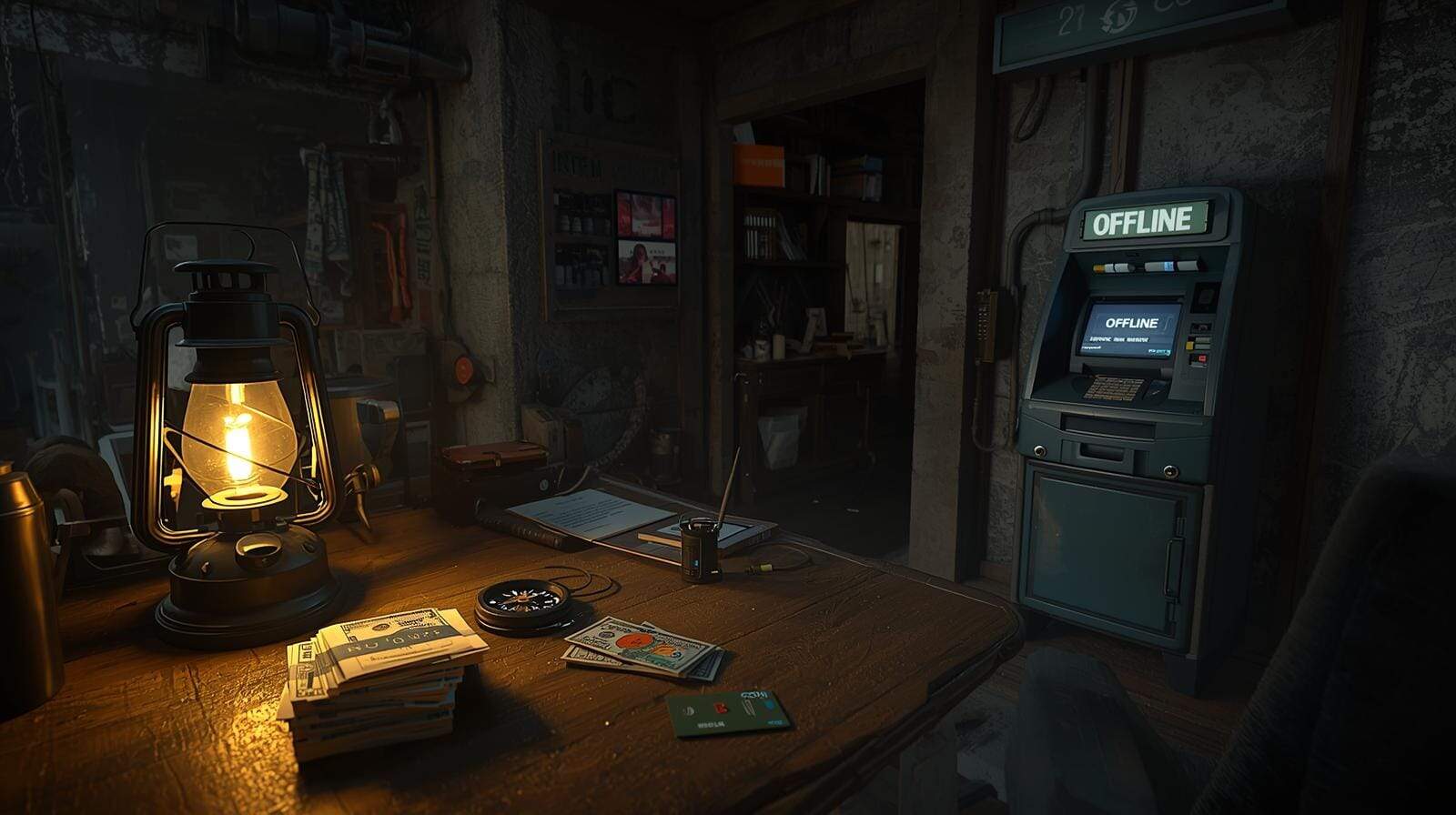 Banking, money, offline ATM, financial workspace, vintage lamp, financial planning.