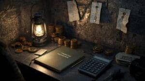 Coins and financial planning items on a dark, rustic desk, emphasizing investment readiness and financial foresight.