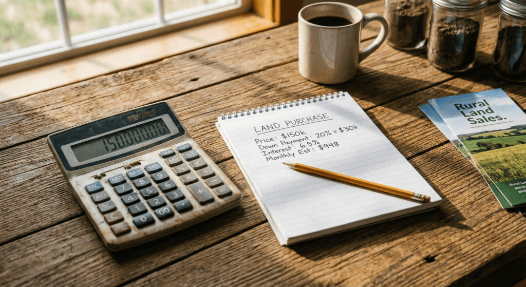 Calculator, land purchase notes, rural land sales brochures for investors.