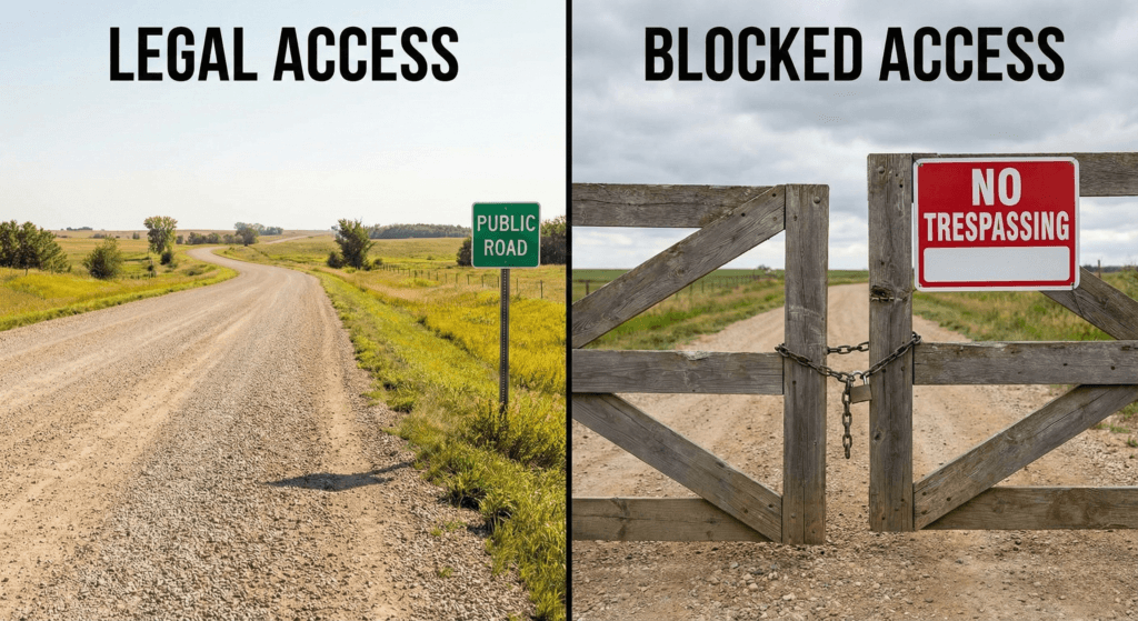 A split image showing a well-maintained gravel road versus a gate with a "No Trespassing" sign, highlighting the difference between legal access and blocked access.