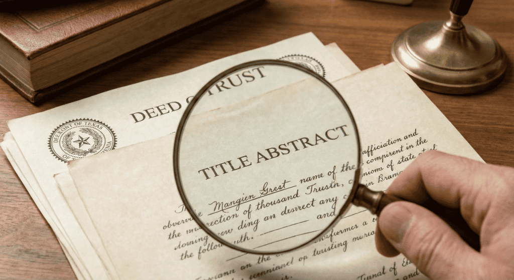 Magnifying glass over a deed abstract with investment documents on a wooden desk.
