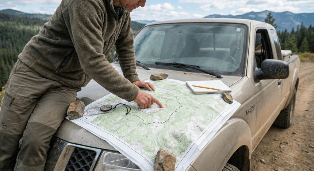 A person looking at a topographic map spread out on the hood of a truck, pointing to a specific boundary line, illustrating the research phase