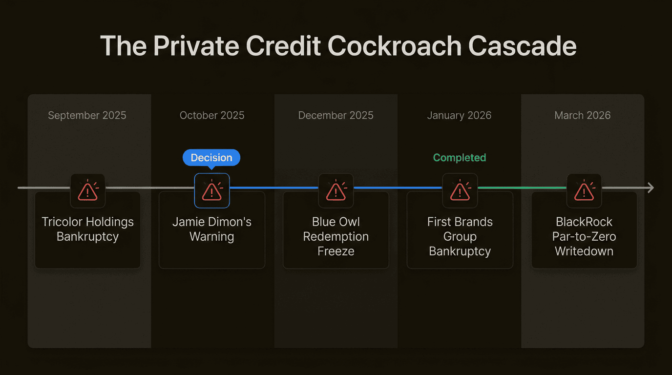 This timeline illustrates how isolated defaults in late 2025 signaled a systemic liquidity crisis across the private credit market.