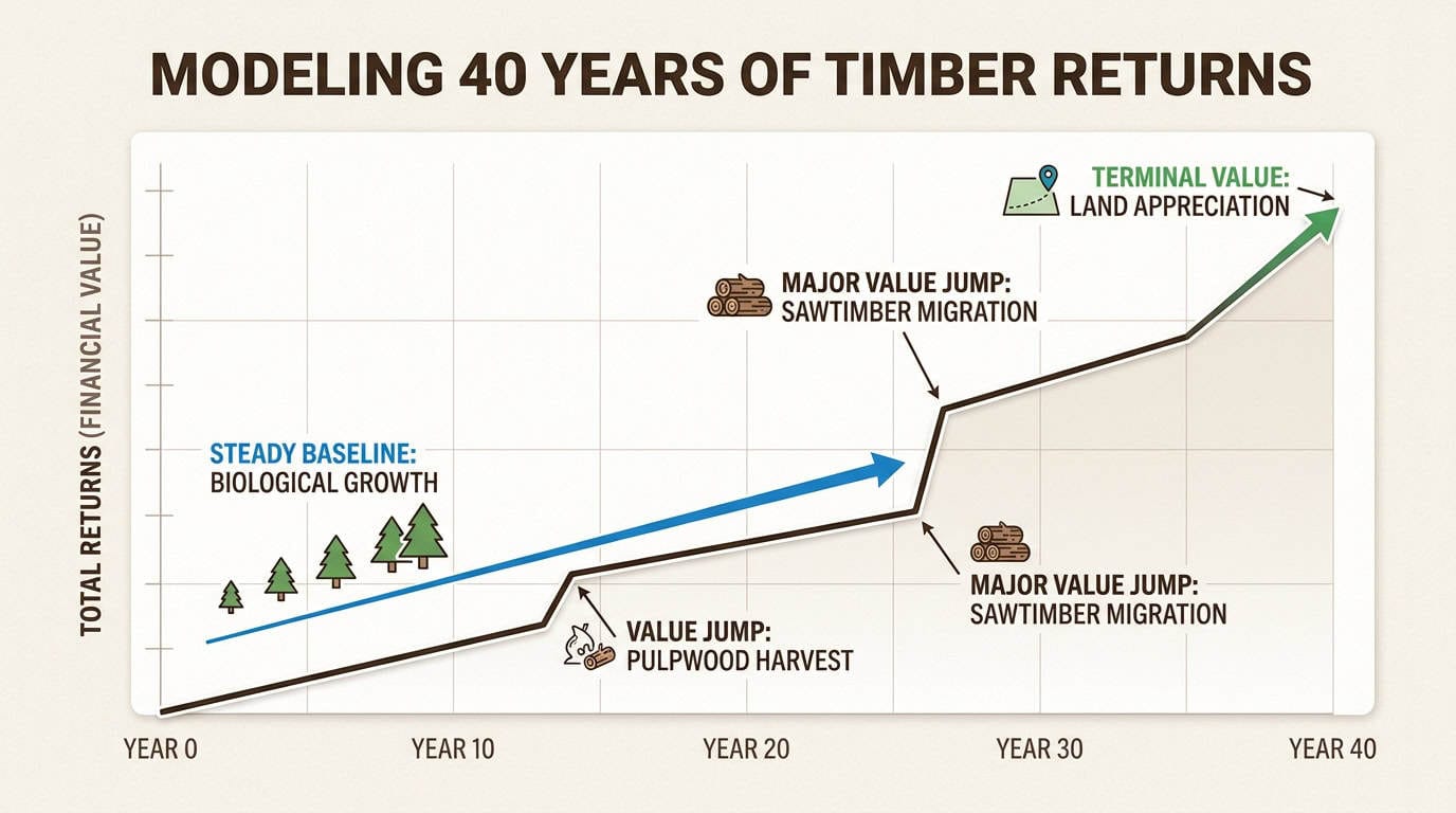 Visualizing how trees compound in value through physical growth and higher-value product categories provides a clear picture of long-term wealth generation.