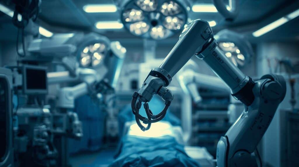 A high-quality, close-up shot of a modern hospital operating room featuring advanced robotic surgical equipment, symbolizing Medtronic's footprint in medical infrastructure