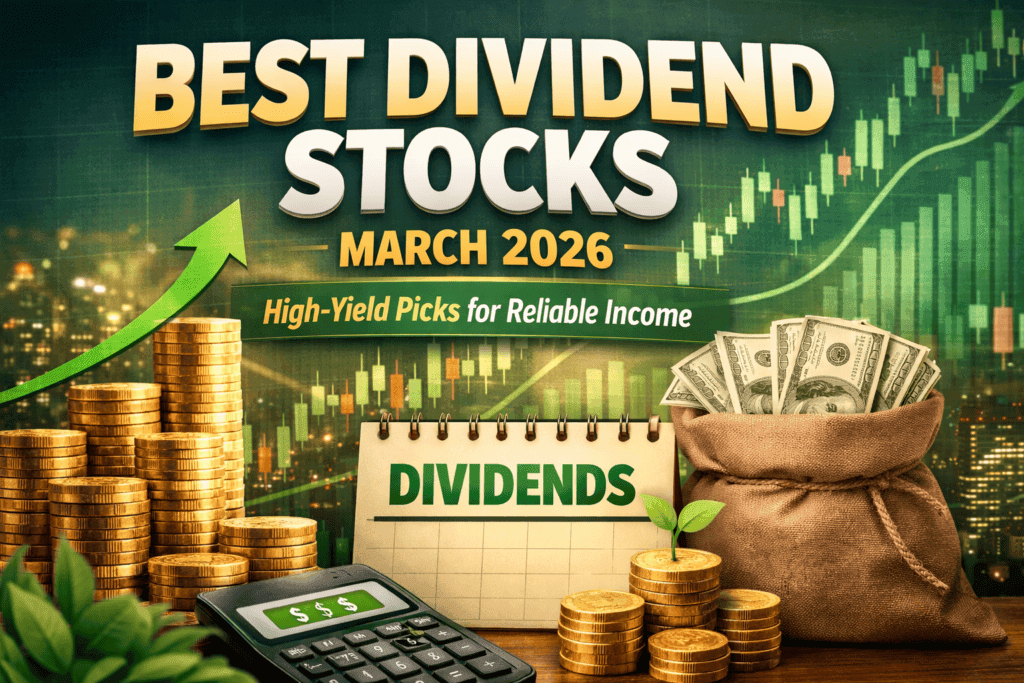 Graphic of top dividend stocks for March 2026 with coins, cash, and stock charts.