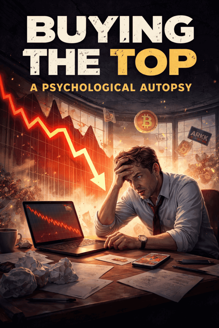 Man stressed over stock market crash with declining graph and Bitcoin in background.