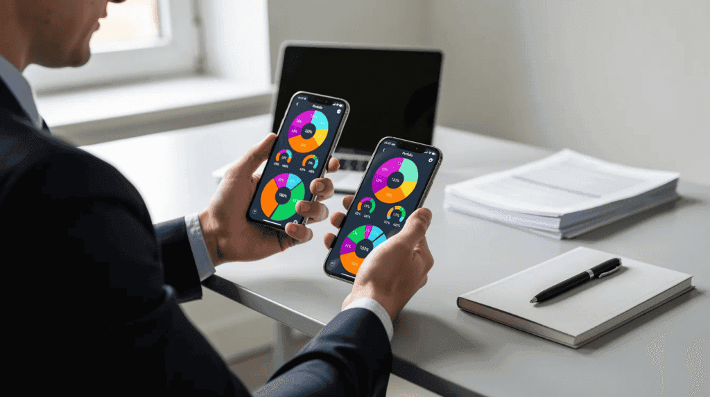 A person is sitting at a modern desk, reviewing colorful investment pie charts on a smartphone, which likely represent their investment portfolio and various financial products. This scene highlights the importance of market research and investing strategies, essential for both experienced investors and those looking to start investing.