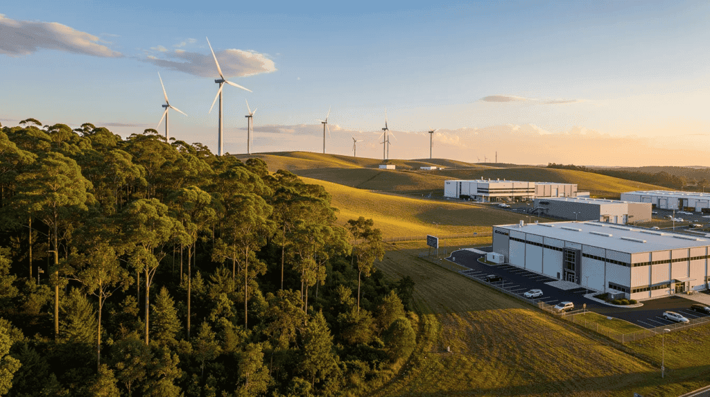 The image depicts a diverse landscape featuring a lush forest, modern wind turbines, and industrial buildings, symbolizing the concept of real asset investments. This scene reflects the integration of environmentally friendly energy sources with traditional investment strategies, appealing to socially responsible investing and showcasing a broad range of financial opportunities.