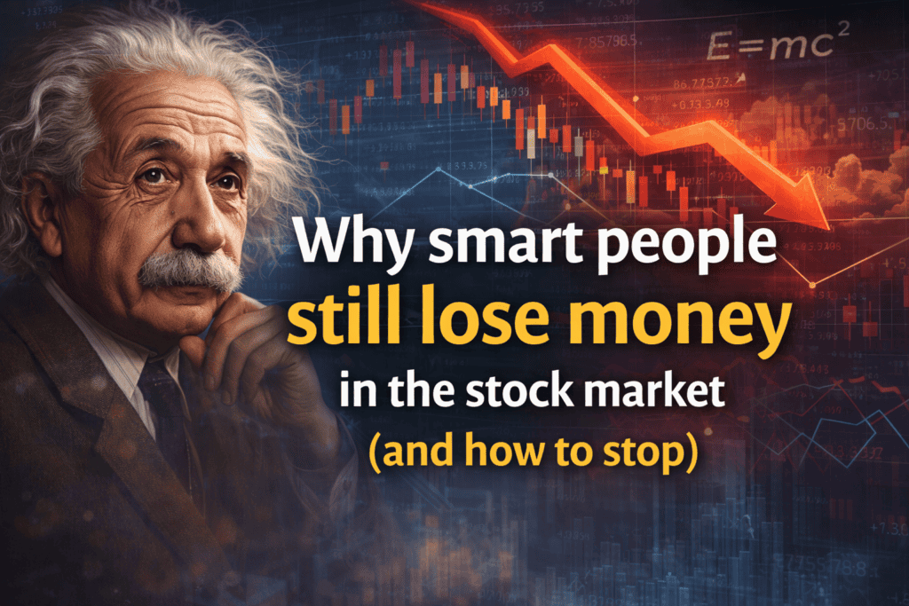 Elderly man thinking with stock market decline graph in background.
