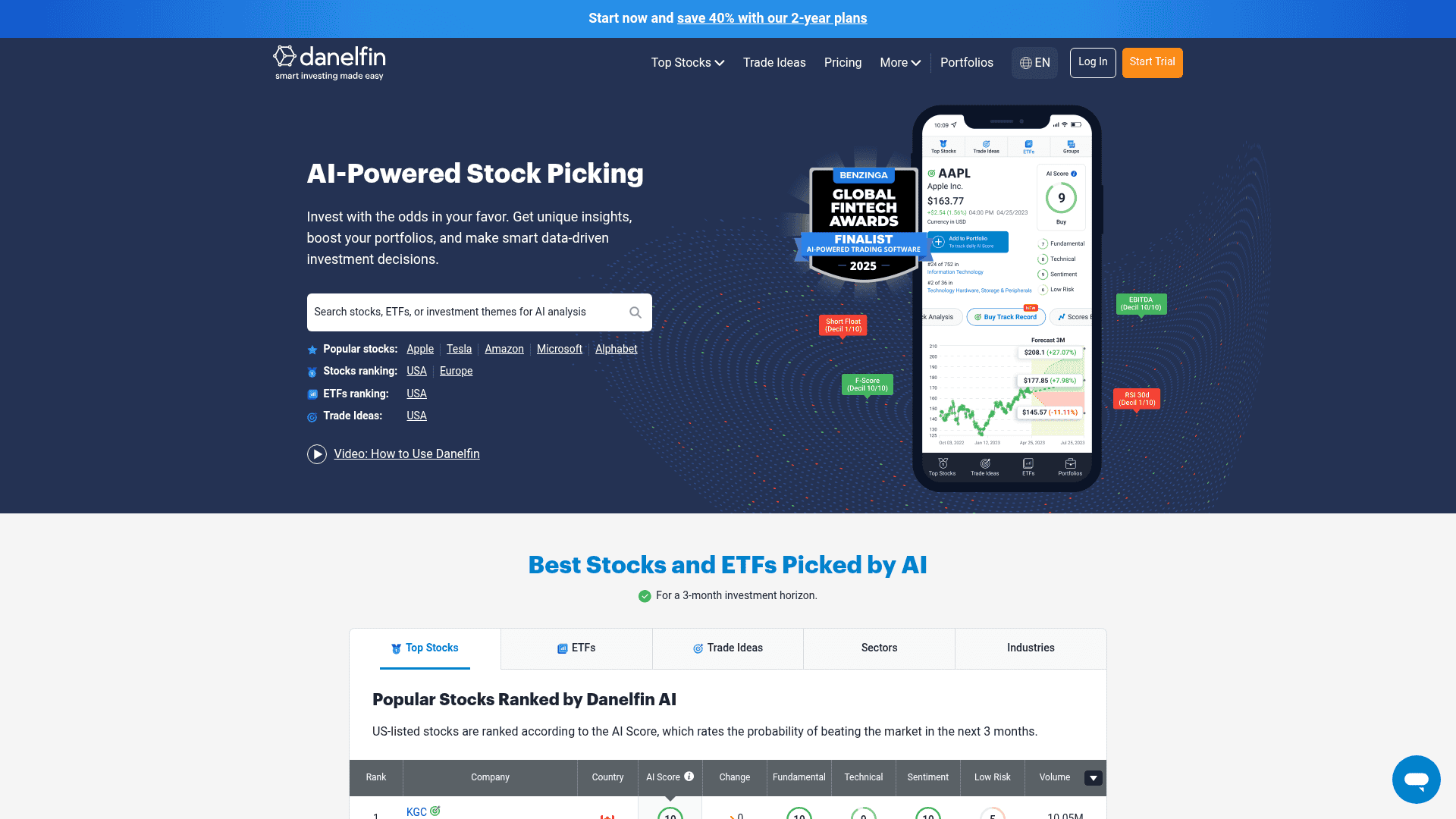 A screenshot of Danelfin's landing page.