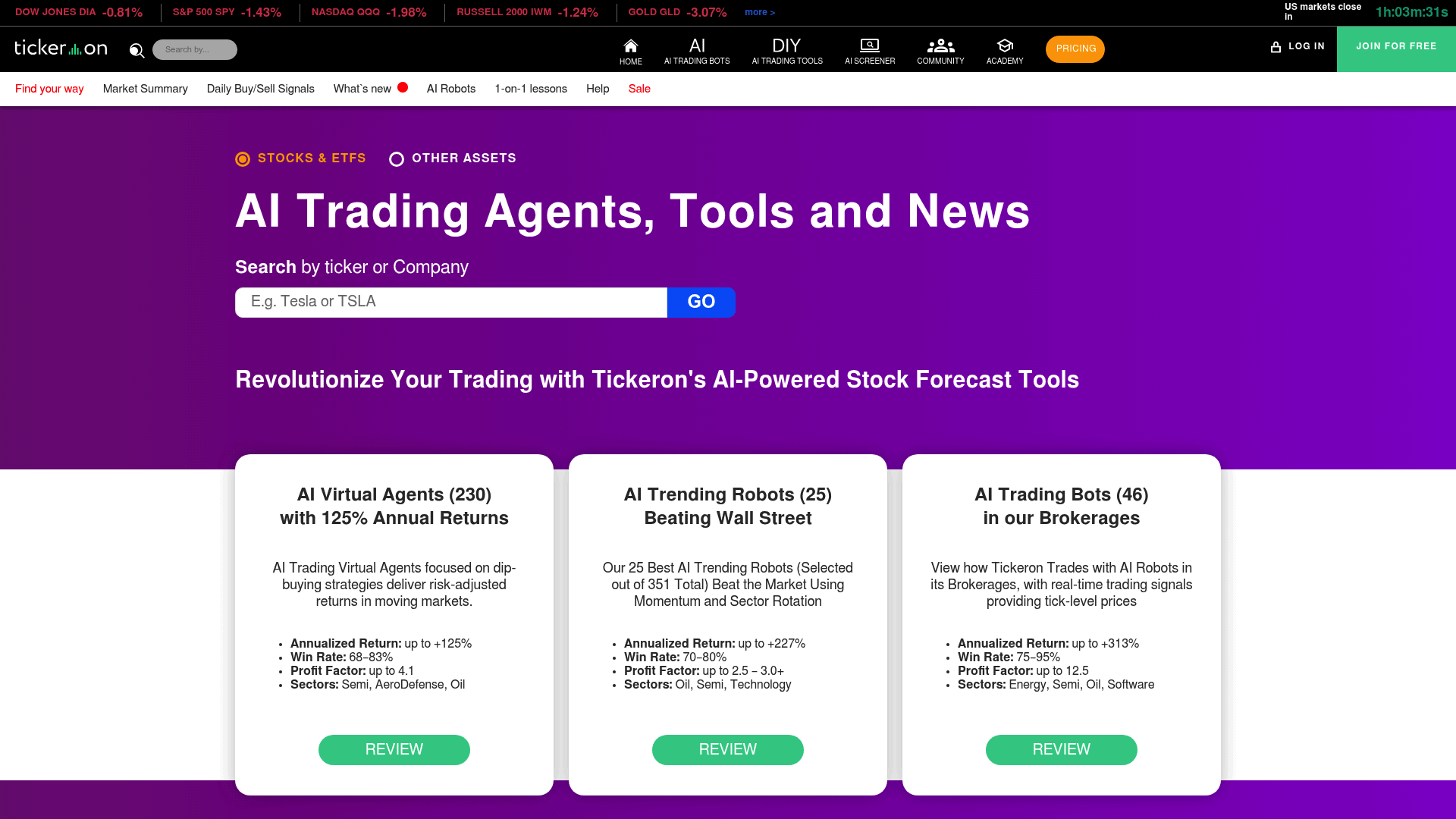A screenshot of Tickeron's landing page.