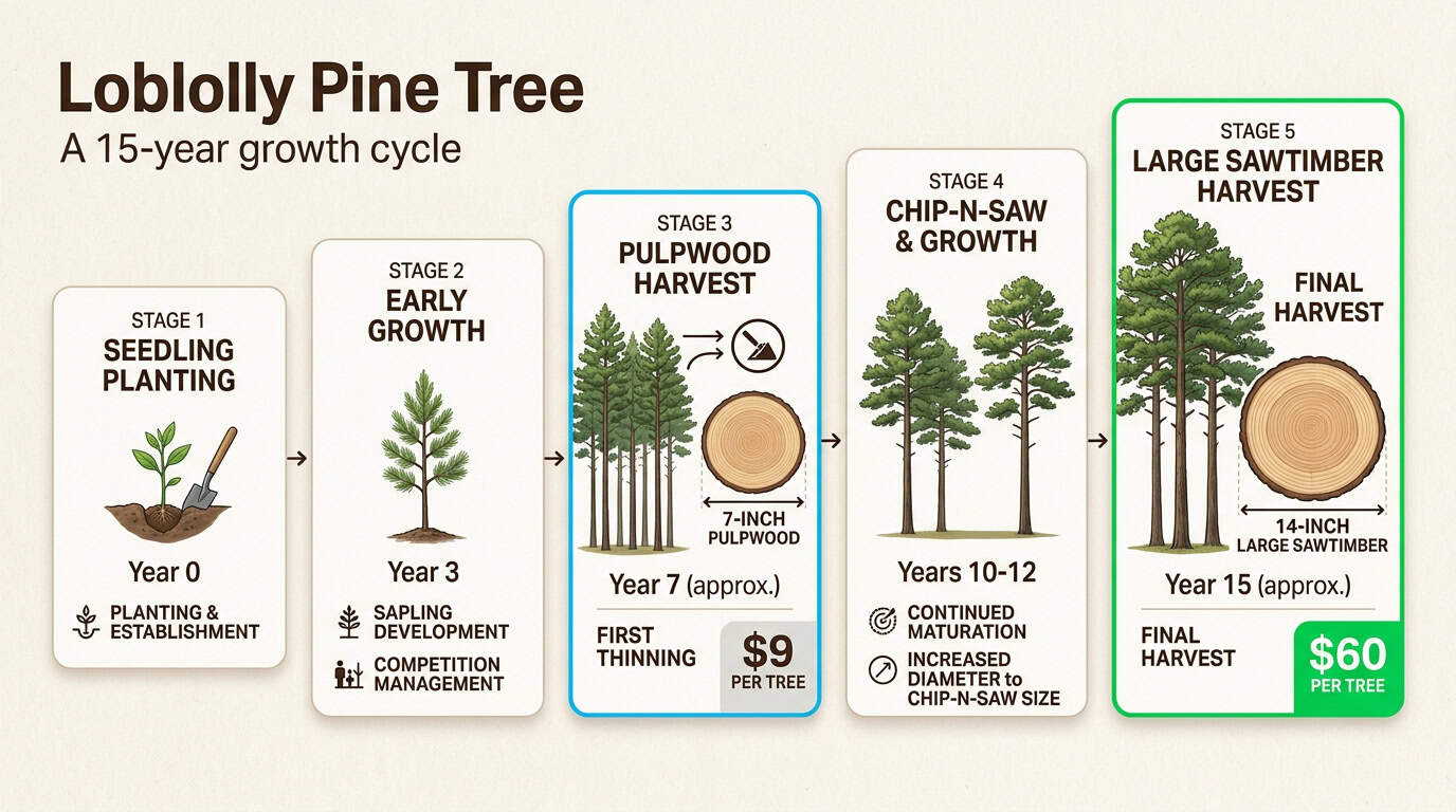 As trees mature into larger diameter classes, they graduate into higher-value wood products, exponentially increasing the investment's worth over time.