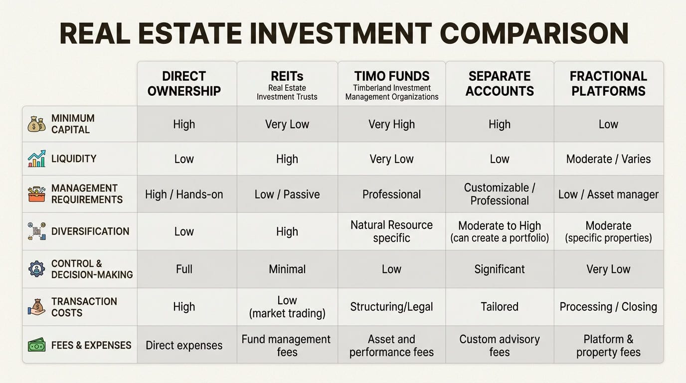 Choosing the right timberland vehicle requires balancing your available capital against your need for liquidity and desired level of hands-on management.