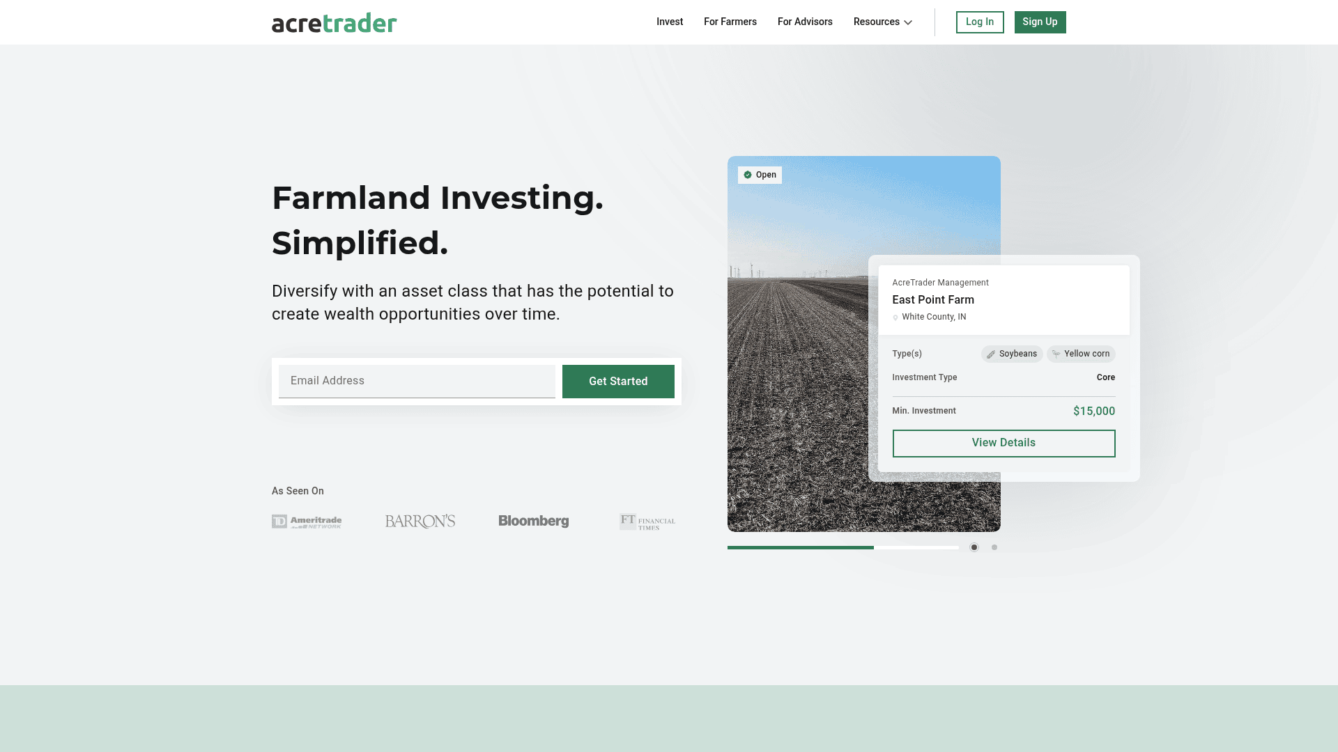 A screenshot of AcreTrader's landing page.