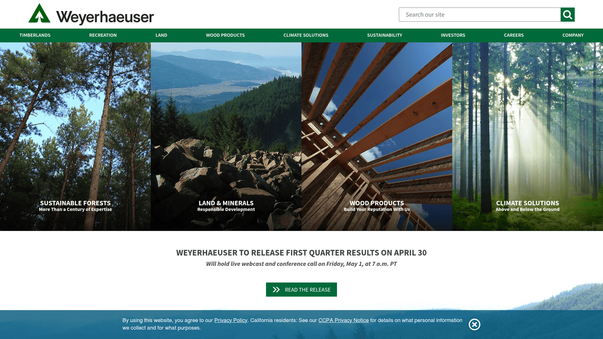 A screenshot of Weyerhaeuser's landing page.