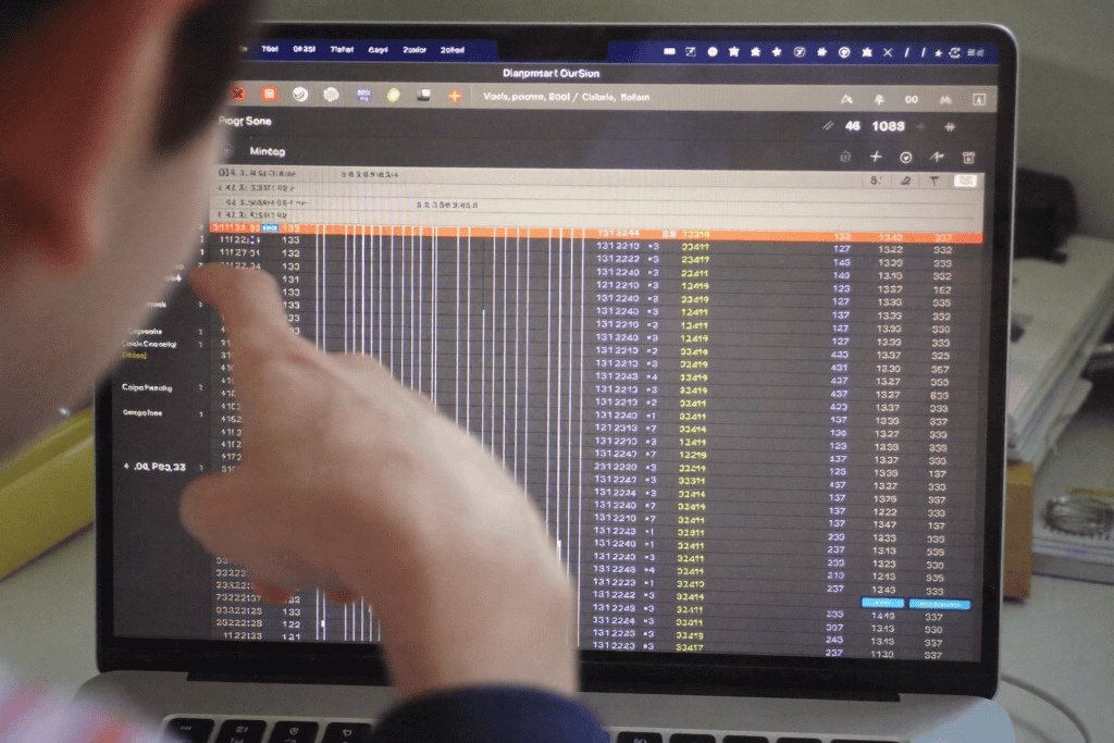 A candid, medium-close photograph of a male investor sitting at a desk in a dimly lit room at night. He is looking intently at a glowing computer screen that fills the frame with dense, complex financial numbers, trade history logs, and redacted account data. His expression is one of mild annoyance and high concentration, capturing a moment of frustration with an automated system.