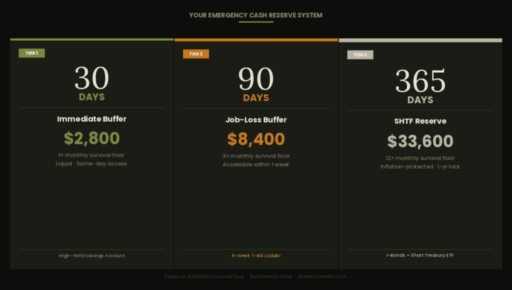 Diagram showing three stacked tiers labeled 30 days, 90 days, and 365 days, each with a different color and a sample dollar amount, on a dark background