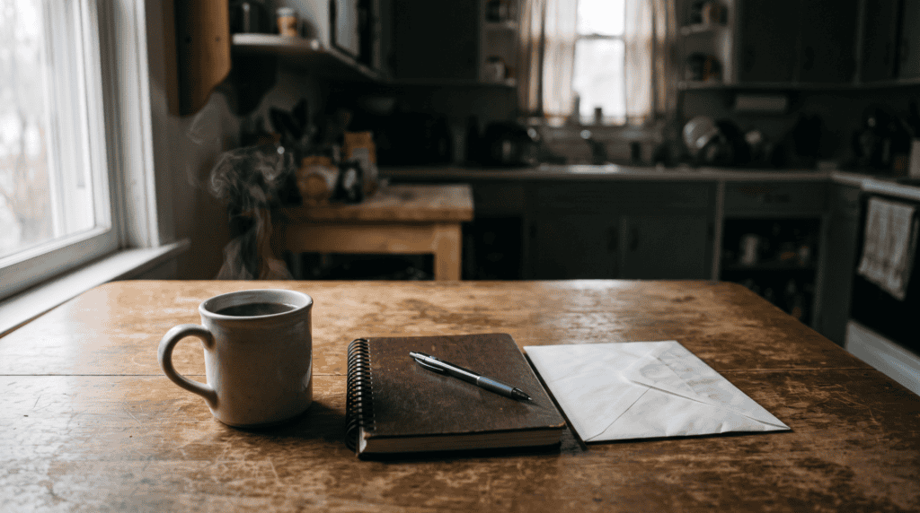 How to spend less money: coffee and a notebook on a kitchen table